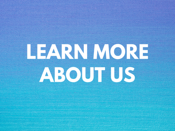 A blue background with the words "learn more about us" written on it