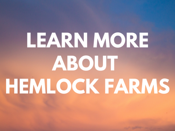 An image of a sunset sky with the words "learn more about hemlock farms" written on it